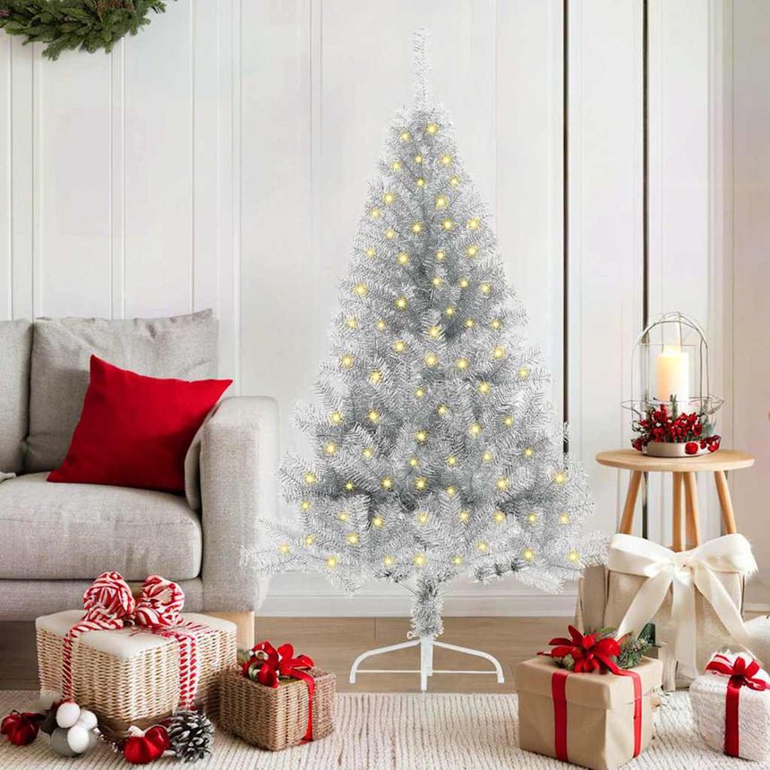 Kunststof Voorverlichte Kerstboom Met 300 Led Zilver Pet Zilverkleurig
