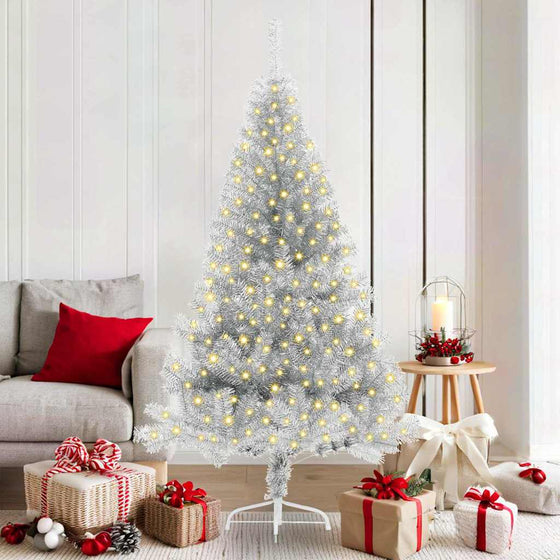 Kunststof Voorverlichte Kerstboom Met 300 Led Zilver Pet Zilverkleurig
