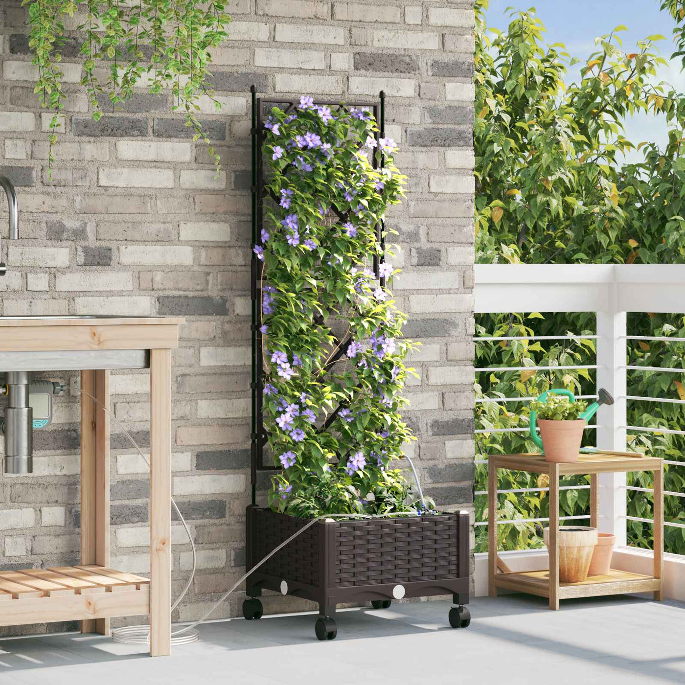 Tuin Plantenbak Met Irrigatie En Wielen 40 X 40 X 132 Cm Bruin