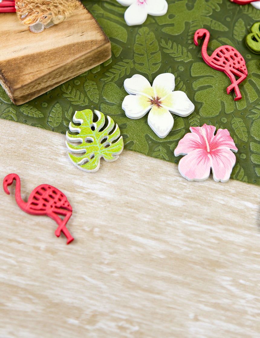 9 Confettis en bois fleurs et feuilles tropicales 3,8 cm