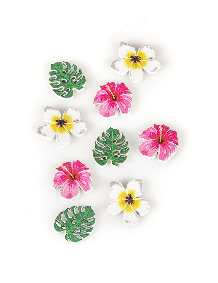 9 Confettis en bois fleurs et feuilles tropicales 3,8 cm