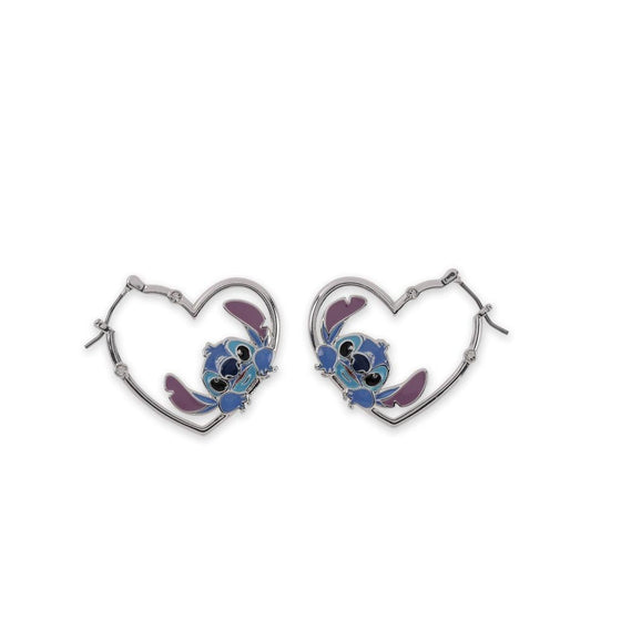STITCH - 1 Paire d'Anneaux d'Oreilles en forme de Coeur Argenté