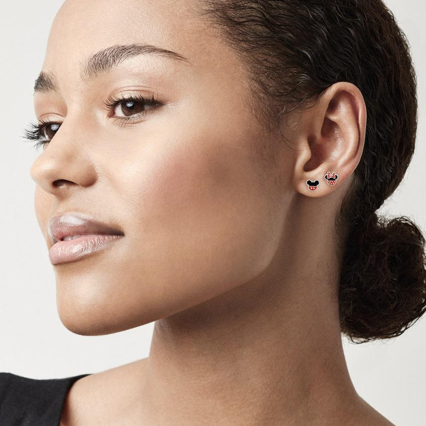MINNIE + MICKEY - 1 Paire de Clous d'Oreilles - Laiton Argent Plaqué