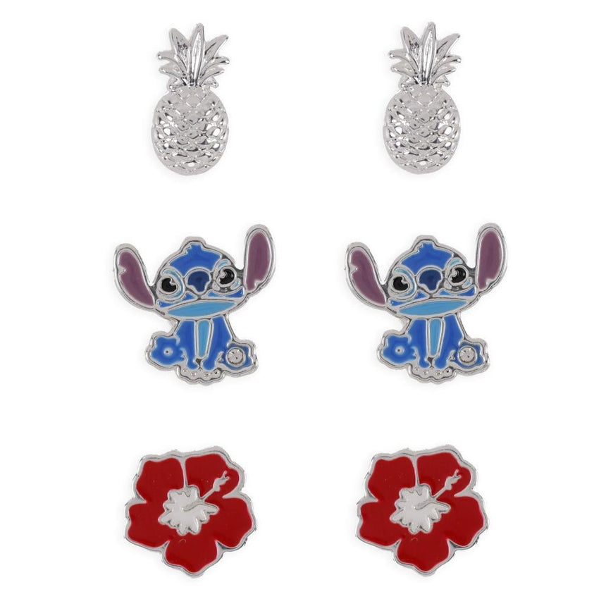 STITCH - Ananas & Fleur - 3 Paires de Clous d'Oreilles - Laiton Plaqué