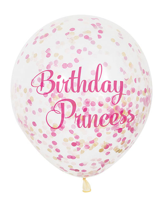 Lot de 6 ballons latex birthday princess confettis rose et doré