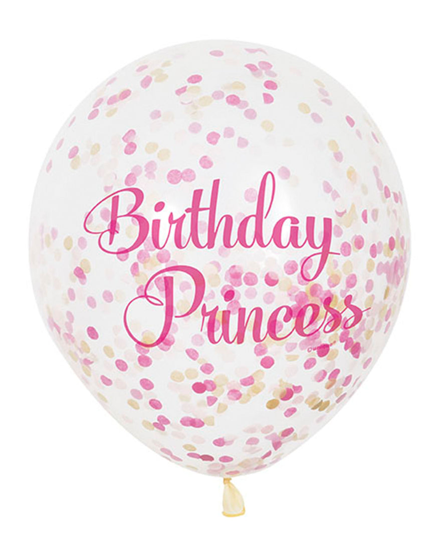 Lot de 6 ballons latex birthday princess confettis rose et doré