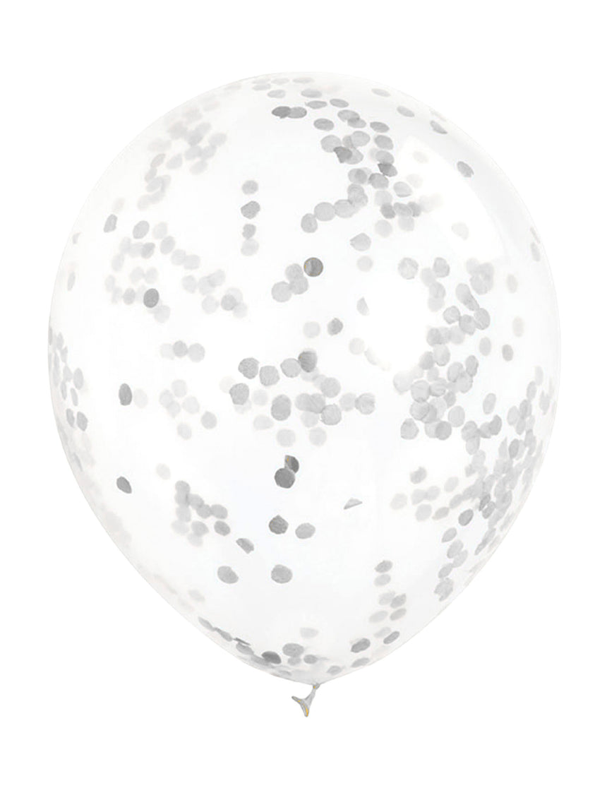 6 Ballons en latex transparents avec confettis argentés 30 cm