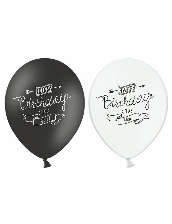 6 Ballons Happy Birthday noir et blanc 30 cm