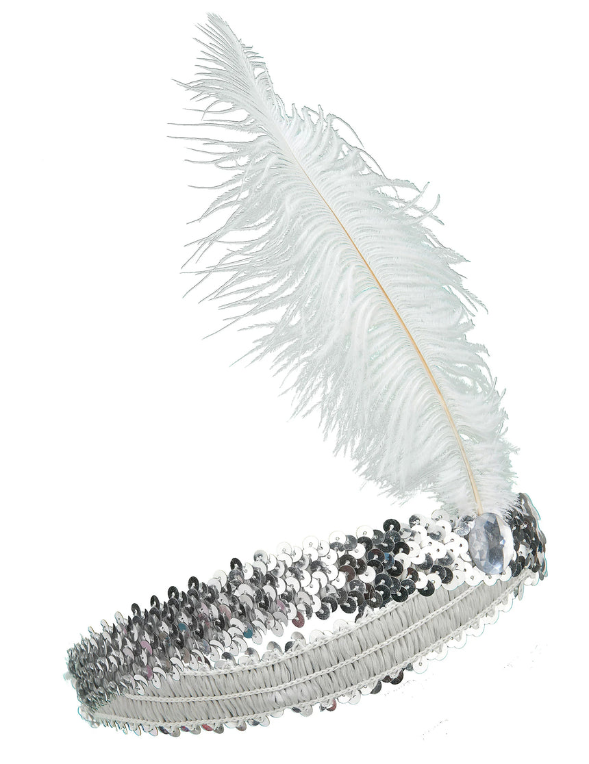 Bandeau Charleston à sequins et plume argenté femme