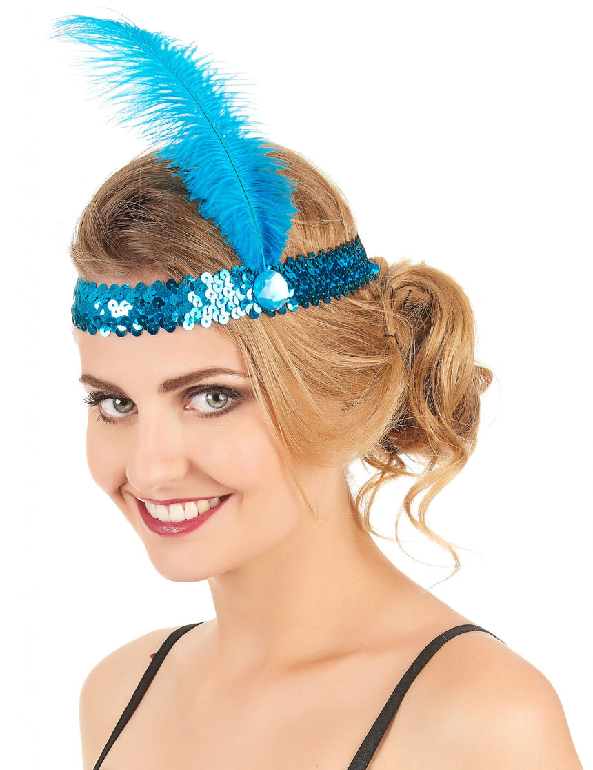 Bandeau Charleston à sequins et plume bleu femme
