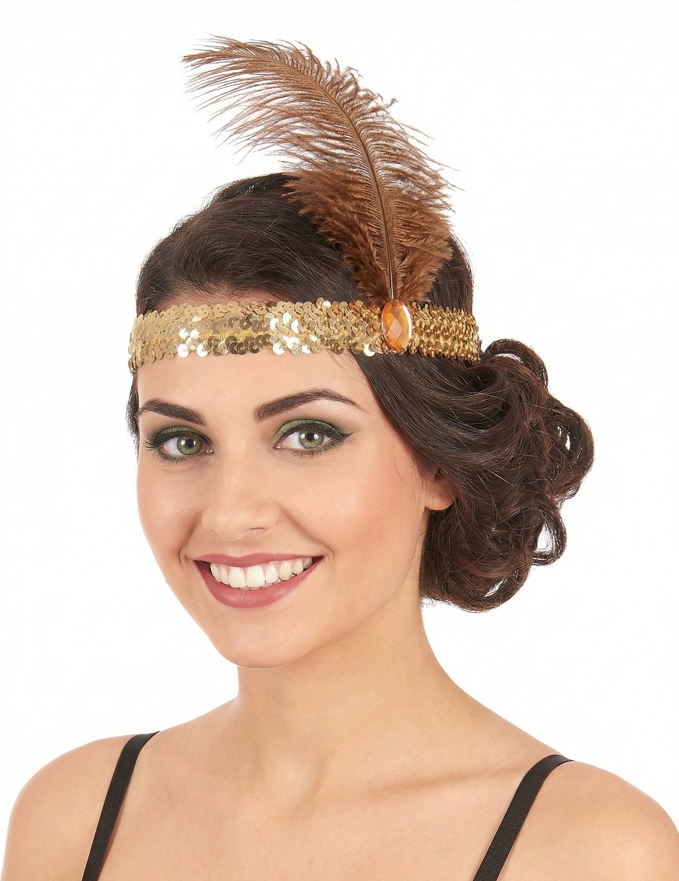 Bandeau Charleston à sequins et plume doré femme