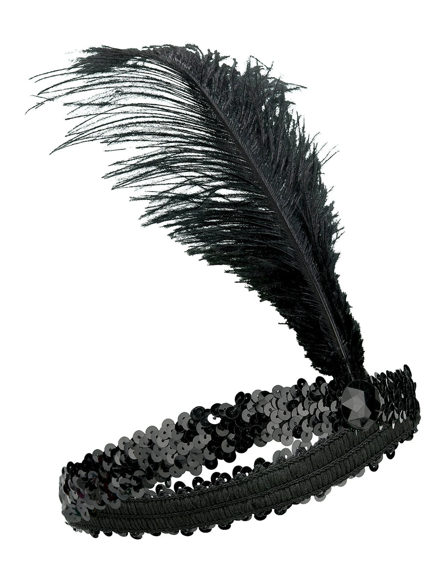 Bandeau Charleston à sequins et plume noir femme