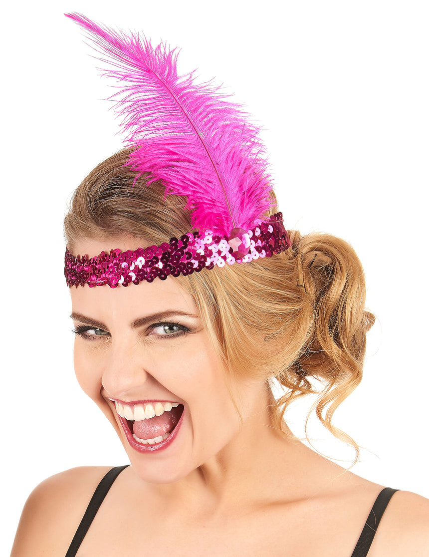 Bandeau Charleston à sequins et plume rose fuschia femme