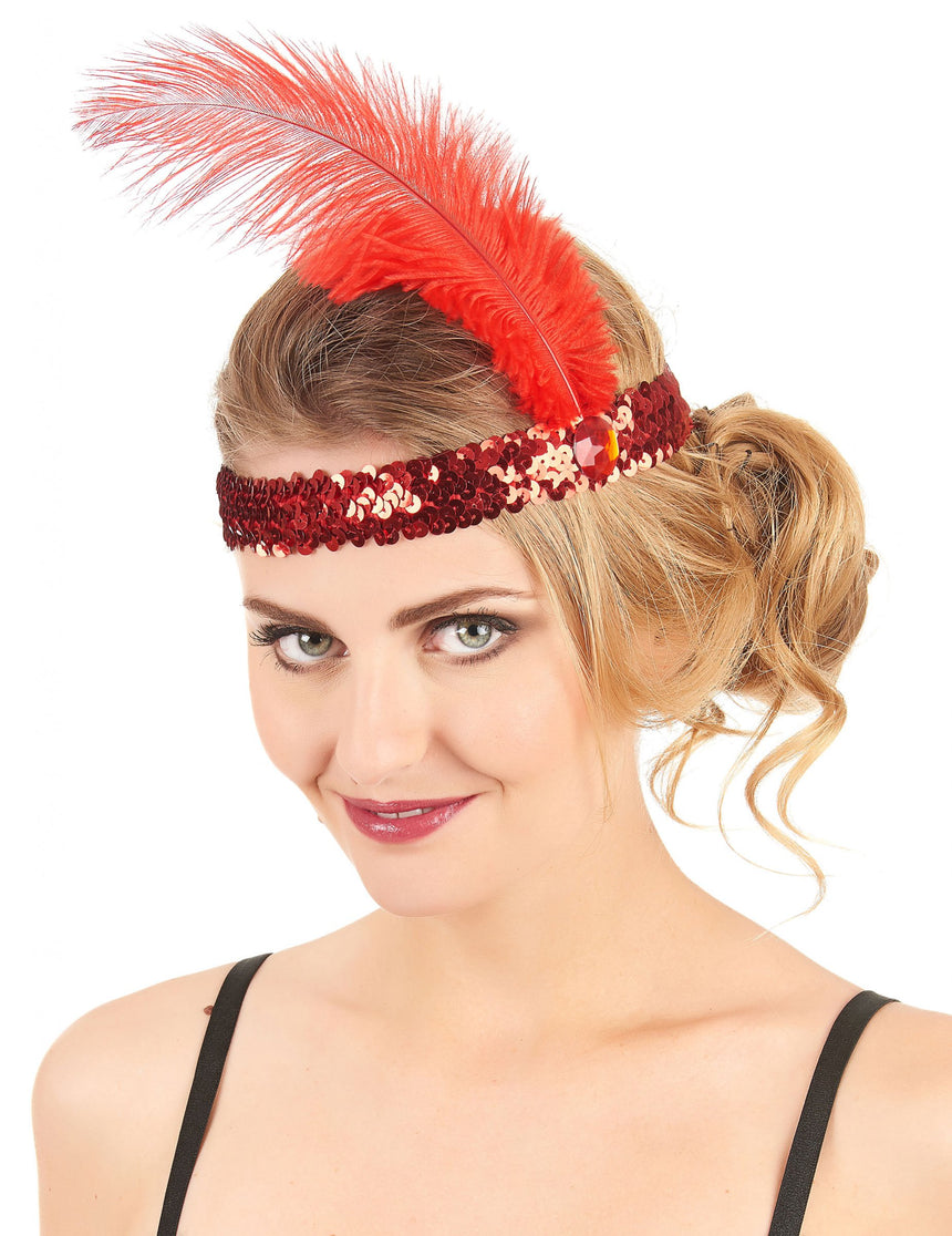 Bandeau Charleston à sequins et plume rouge femme