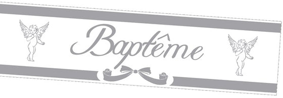 Bannière baptême argentée avec anges 2.44m