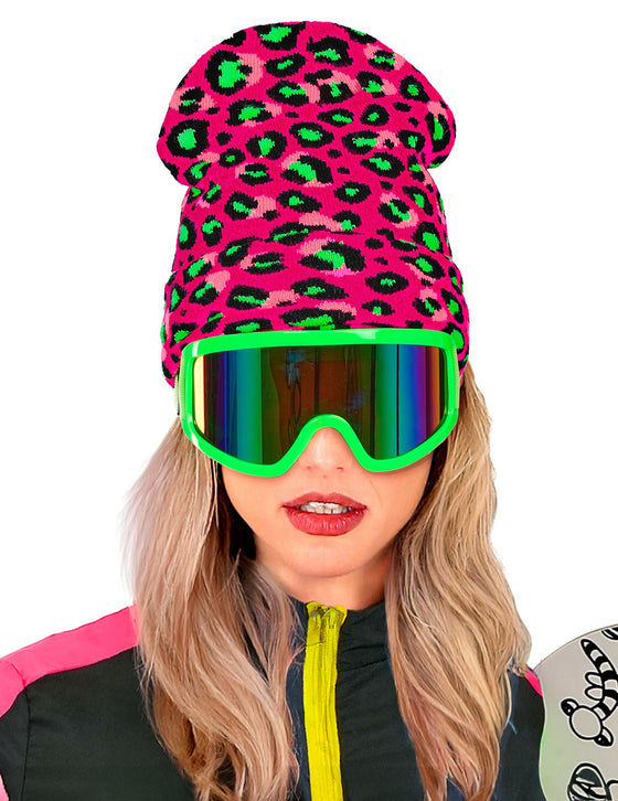 Bonnet léopard rose et vert fluo adulte