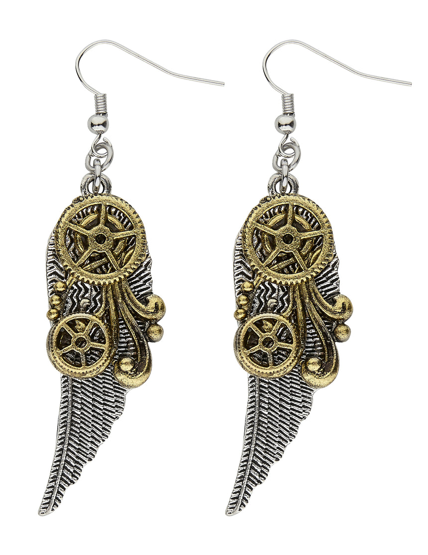 Boucles d'oreilles rouages et plumes adulte Steampunk