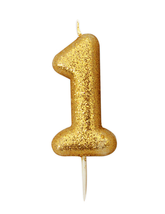 Bougie chiffre 1 doré à paillettes 9 cm avec pic