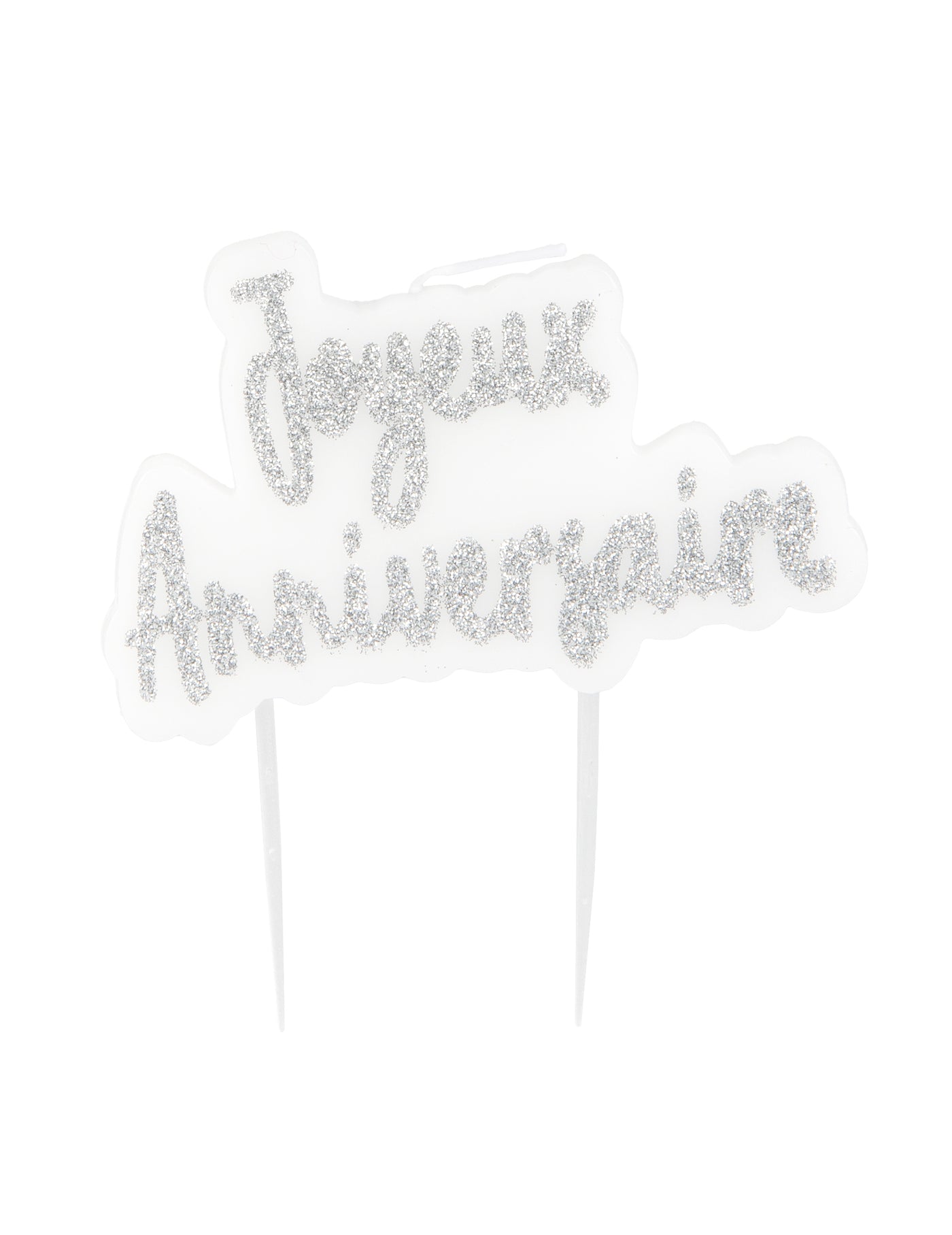 Bougie sur pique joyeux anniversaire argentée pailletée 8 x 5 cm