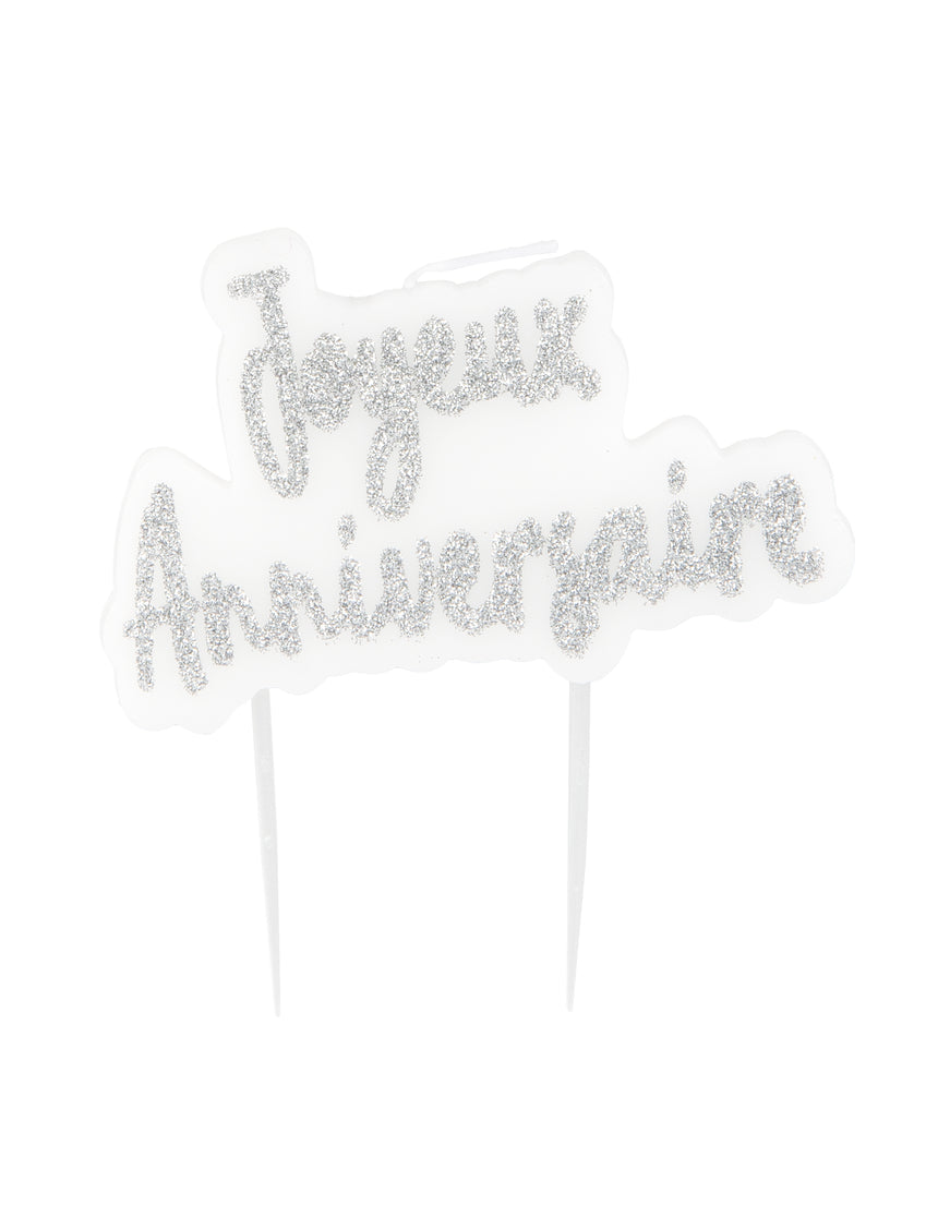 Bougie sur pique joyeux anniversaire argentée pailletée 8 x 5 cm