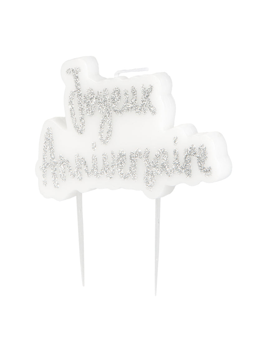 Bougie sur pique joyeux anniversaire argentée pailletée 8 x 5 cm