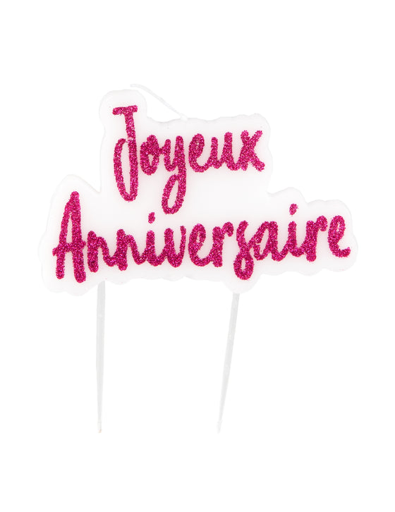 Bougie sur pique joyeux anniversaire fuschia pailletée 8 x 5 cm