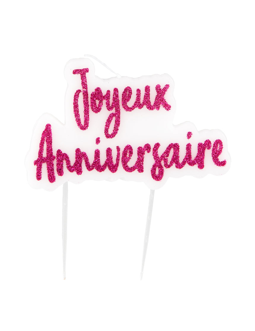 Bougie sur pique joyeux anniversaire fuschia pailletée 8 x 5 cm