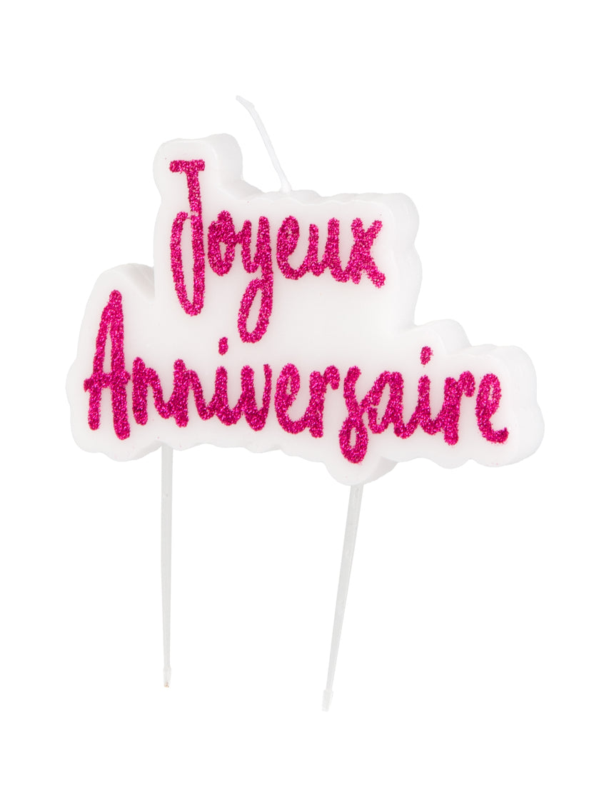 Bougie sur pique joyeux anniversaire fuschia pailletée 8 x 5 cm