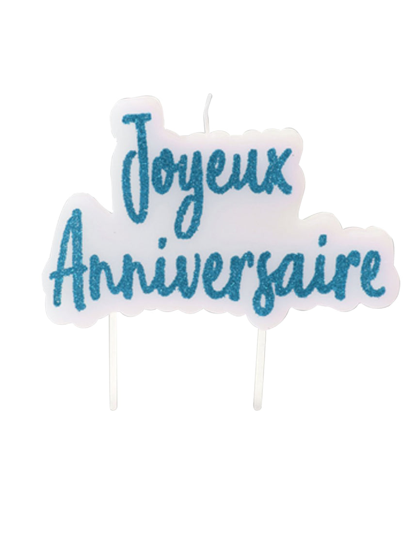 Bougie sur pique joyeux anniversaire turquoise pailletée 8 x 5 cm