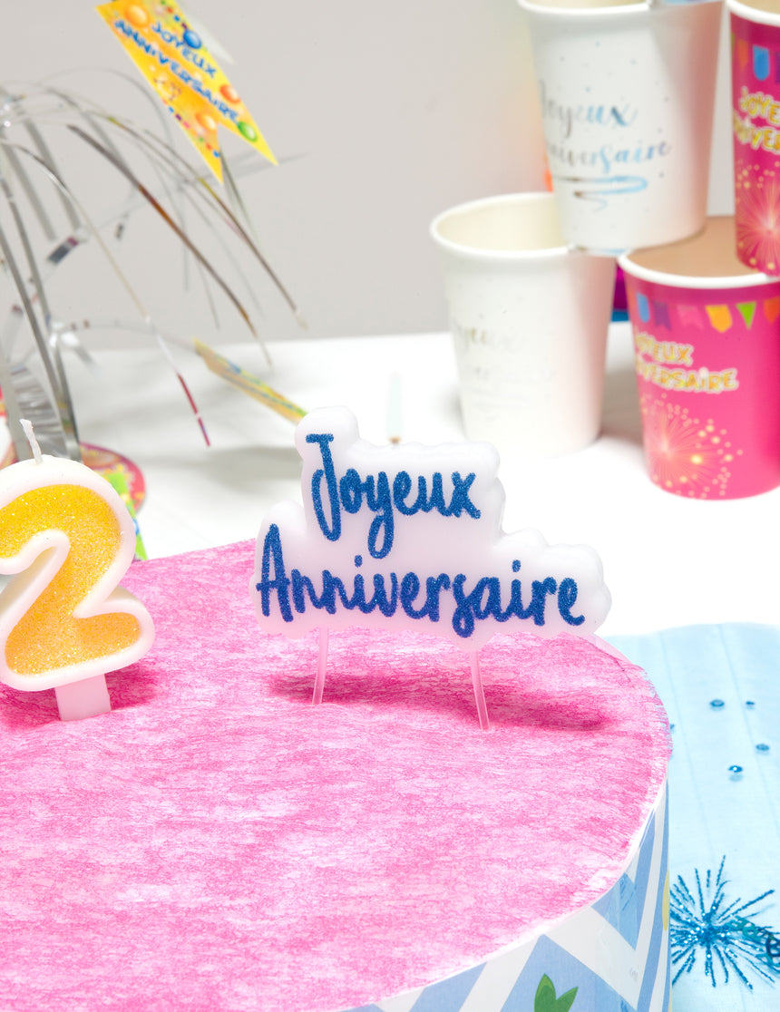Bougie sur pique joyeux anniversaire turquoise pailletée 8 x 5 cm