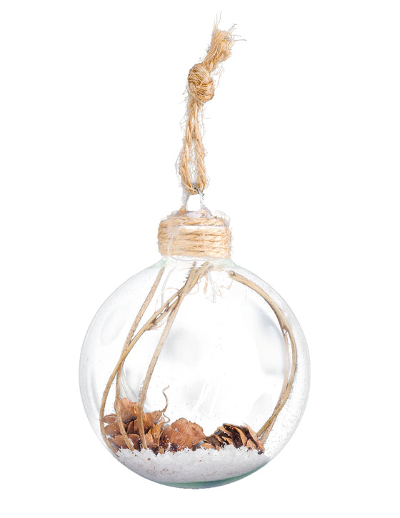 Boule de Noël en verre avec pommes de pin 6 cm et neige