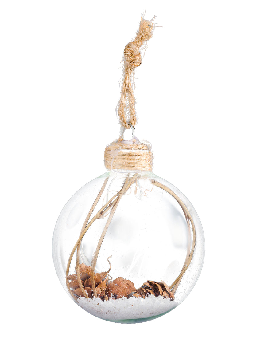 Boule de Noël en verre avec pommes de pin 6 cm et neige