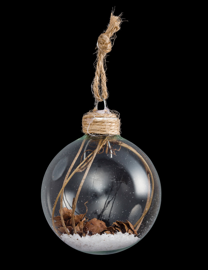 Boule de Noël en verre avec pommes de pin 6 cm et neige