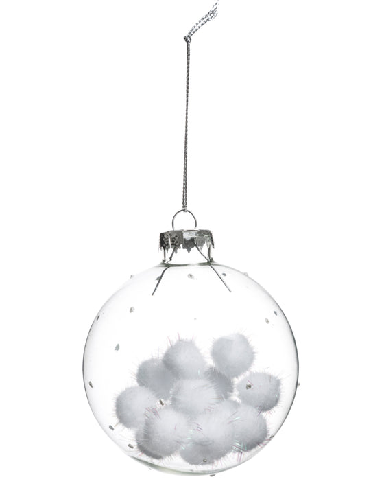 Boule de noël en verre avec boules de coton 8 cm