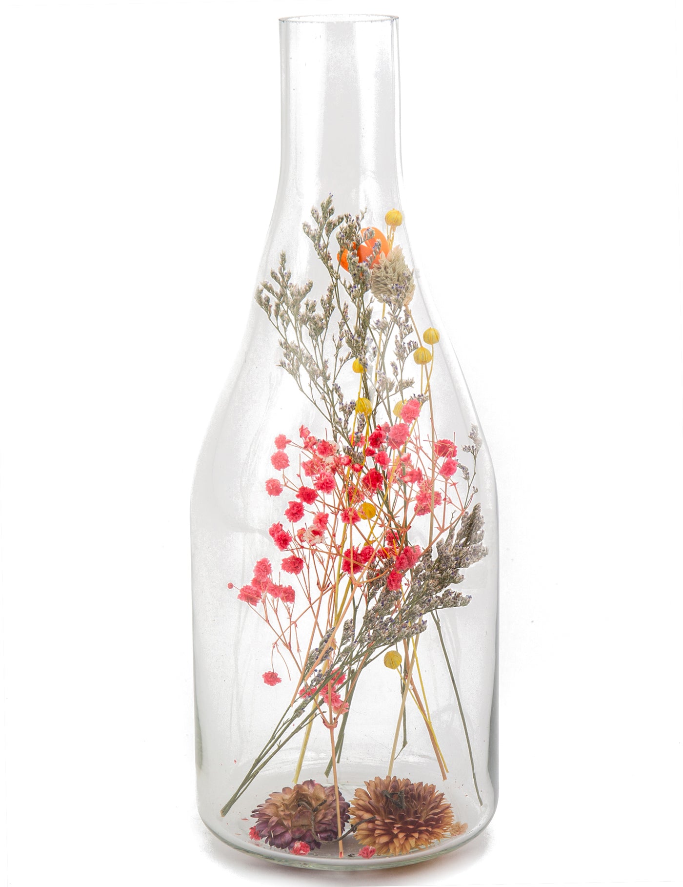 Bouteille avec fleurs séchées colorées 12 x 32 cm centre de table