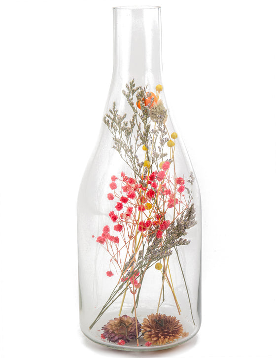 Bouteille avec fleurs séchées colorées 12 x 32 cm centre de table