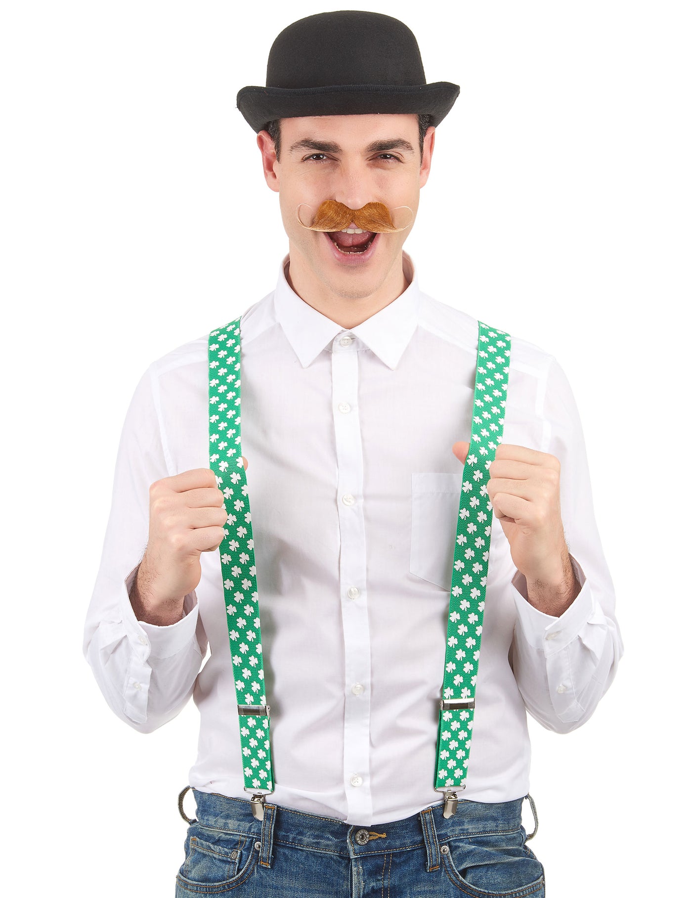 Bretelles vertes avec trèfles blancs Saint Patrick