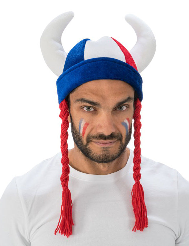 Casque gaulois cornes et tresses bleu blanc rouge