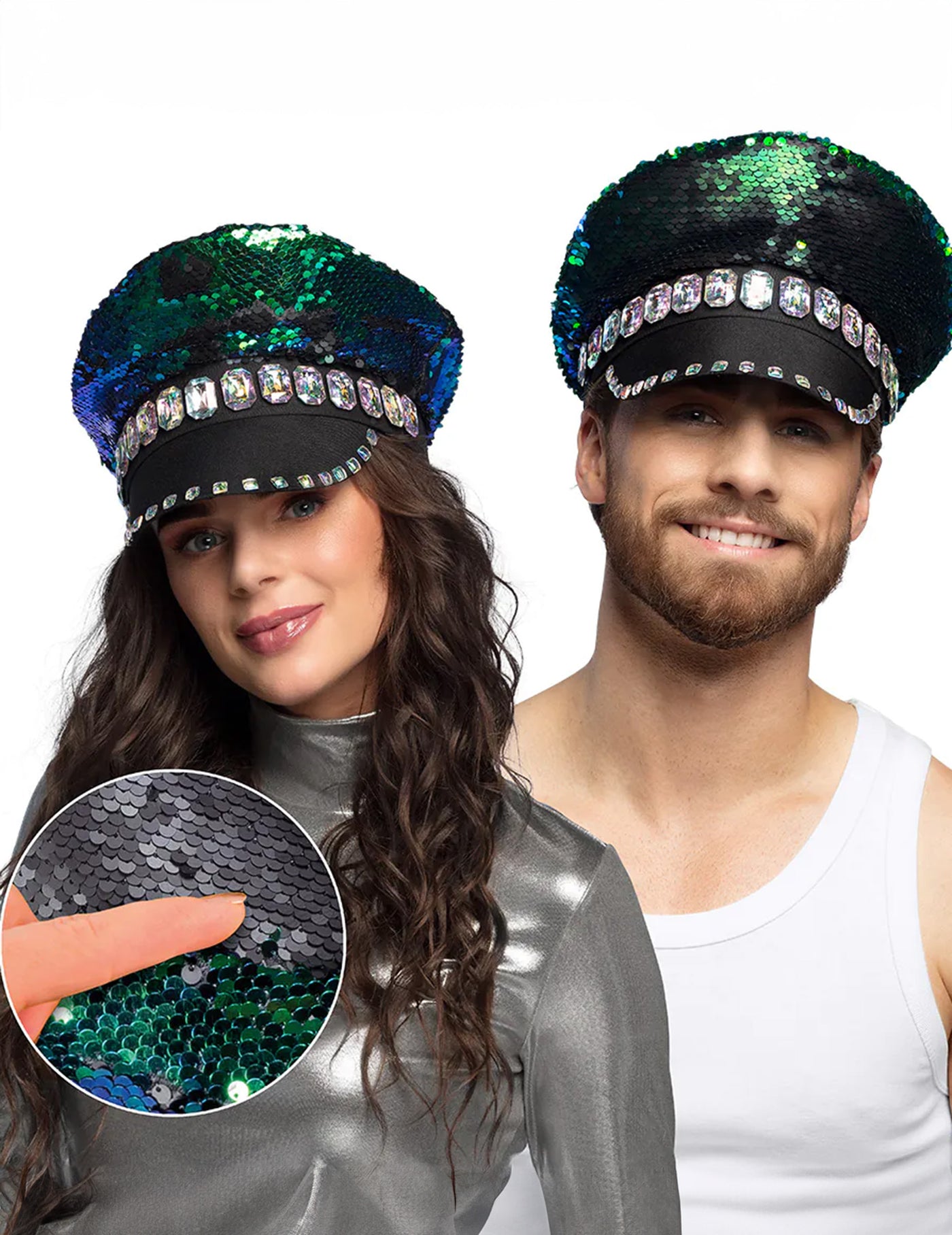 Casquette à sequins réversibles noir et vert bleuté adulte