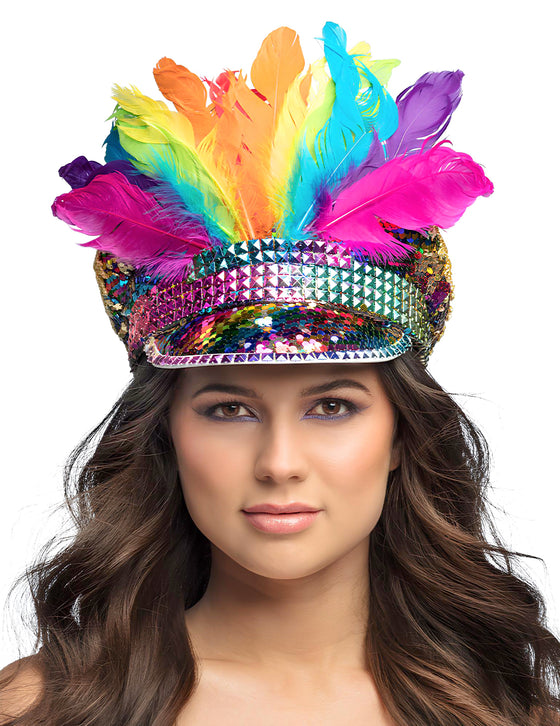 Casquette Arc-en-ciel avec sequins et plumes  adulte
