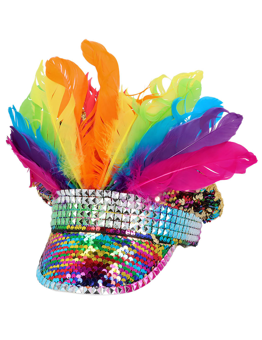 Casquette Arc-en-ciel avec sequins et plumes  adulte