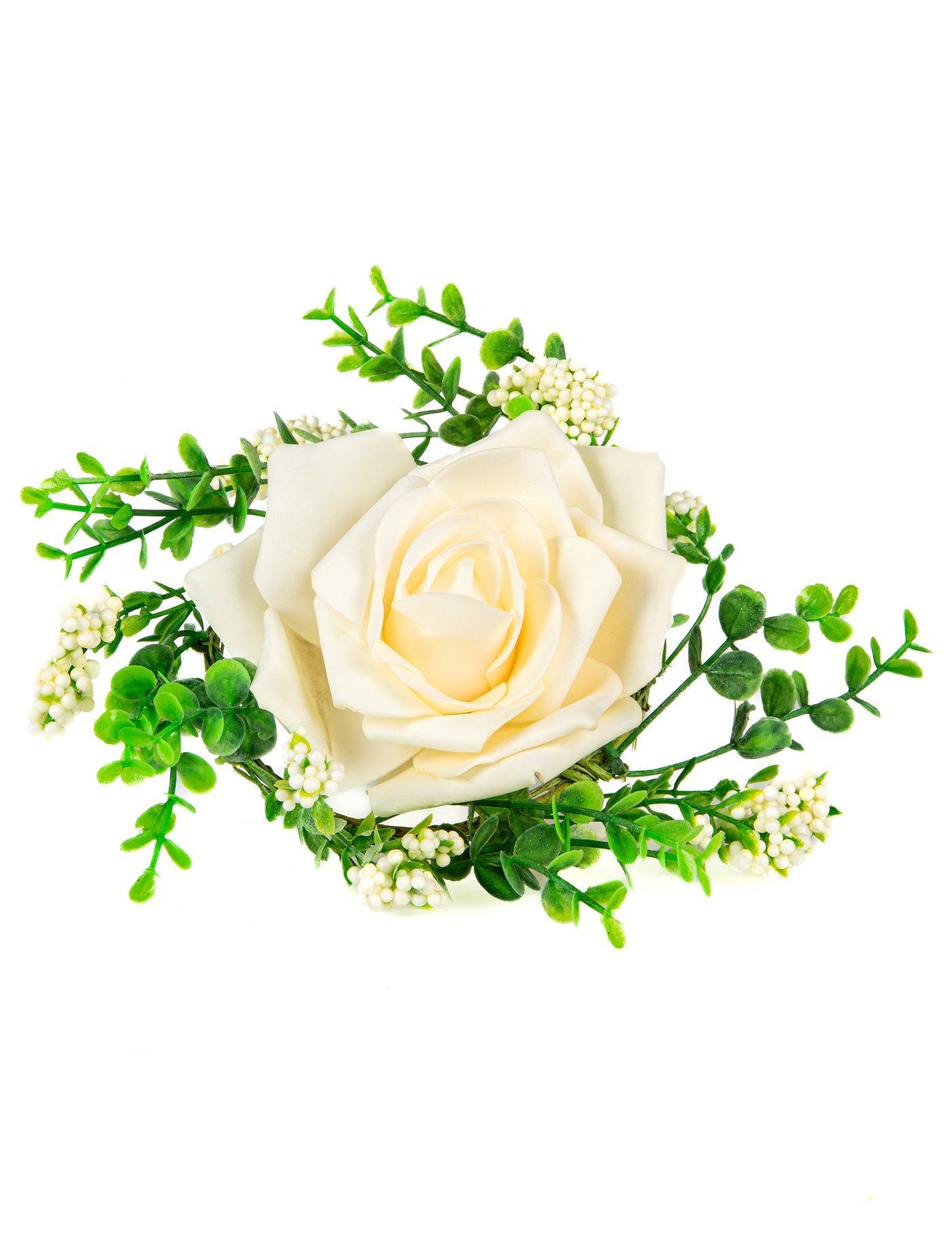 Centre de table rose et feuillage ivoire 18 cm mariage champêtre