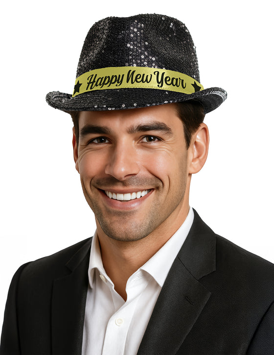 Chapeau à sequins noirs Happy New Year adulte