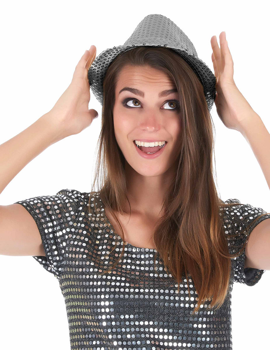 Chapeau borsalino à sequins argent adulte