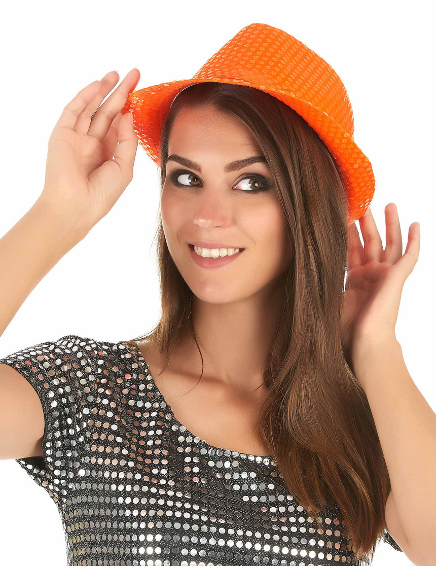 Chapeau borsalino à sequins orange adulte