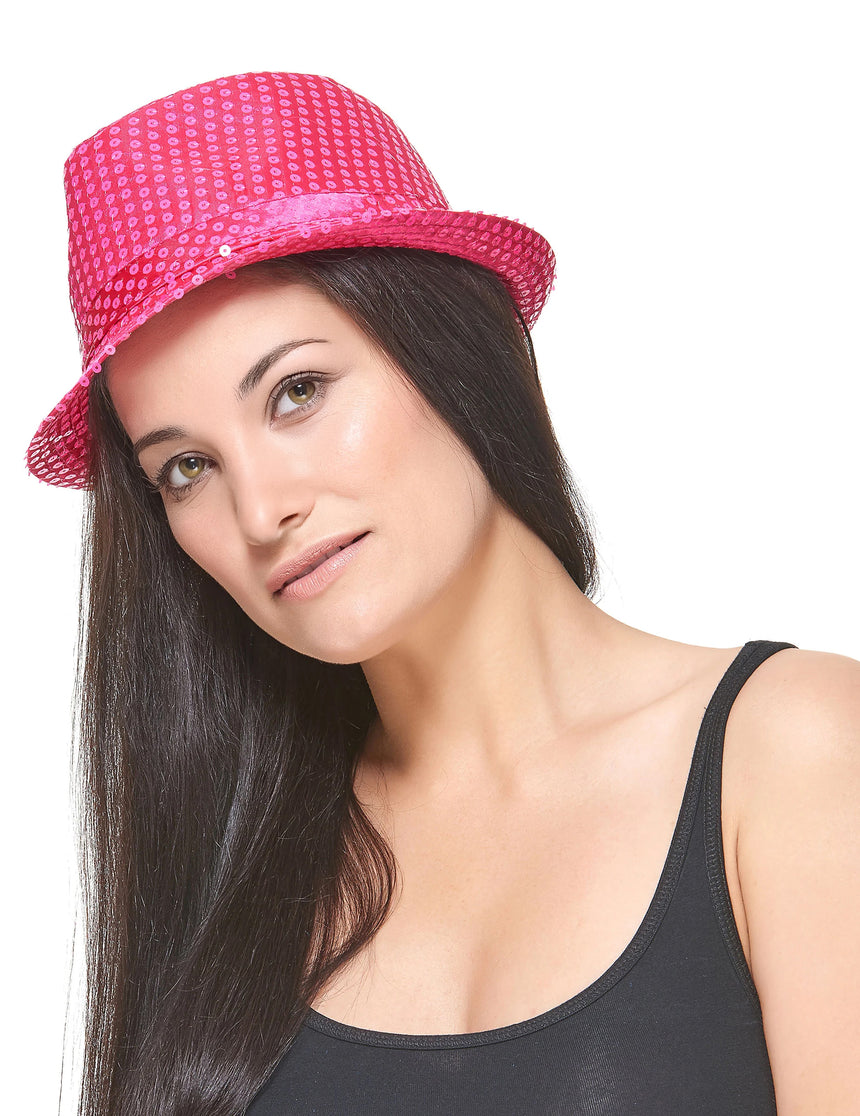 Chapeau borsalino à sequins rose fluo adulte