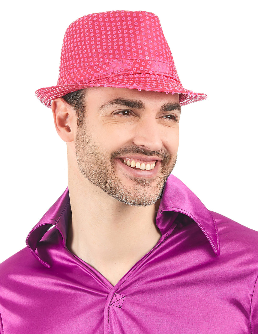 Chapeau borsalino à sequins rose fluo adulte