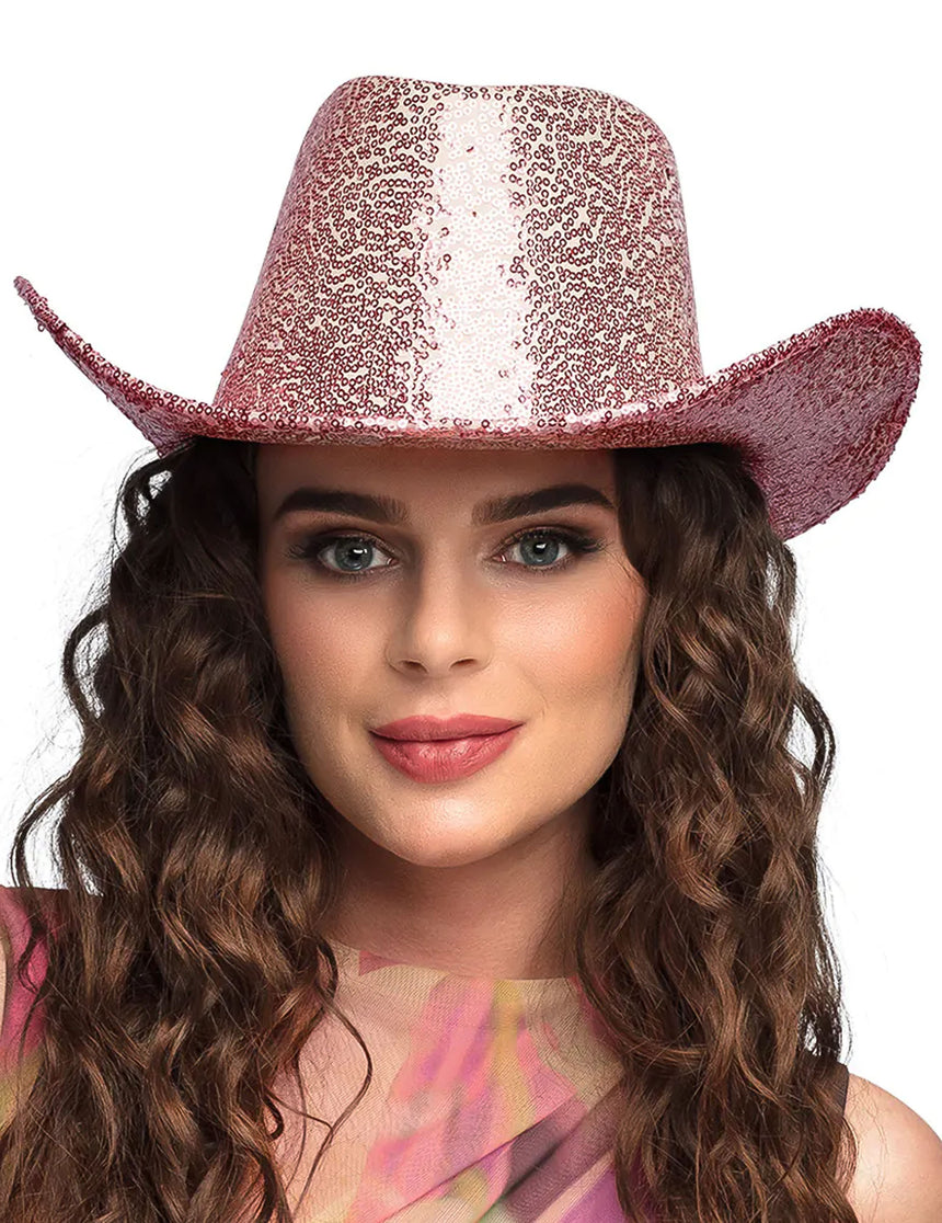 Chapeau de cowboy à sequins rose clair adulte