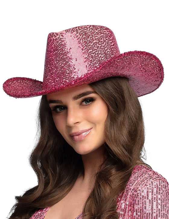 Chapeau de cowboy à sequins rose fuchsia adulte