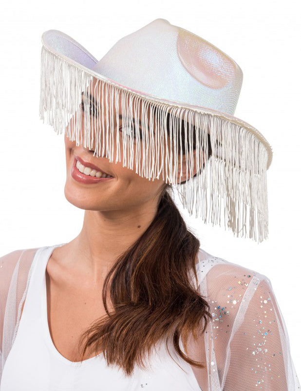 Chapeau de cowboy irisé blanc avec franges adulte